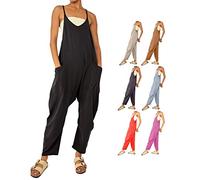 behound Wide Leg Jumpsuit with Pockets Women Plus Size Casual Loose Sleeveless Spaghetti Strap Solid Color Jumpsuits Rompers (Black,S)