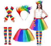 Beibeijia Gonna a Tutù Arcobaleno Da Donna, 4 Pcs Arcobaleno Tutu, Tutu Arcobaleno Capelli con Piume Arcobaleno, guanti senza dita, calzini al ginocchio da donna, per Carnevale Festa Cosplay
