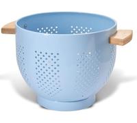 beifeier Scolapasta in Metallo con Manico in Legno, 22 cm, Grande Colapasta da Cucina con Base Stabile, Perfetto per Pasta, Frutta, Verdura (Blu)