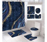 BEIFIVCL Set di 4 tende da doccia in marmo di lusso, set da bagno con tenda da doccia, tappetino da bagno e tappetino da contorno, tenda da doccia con 12 ganci per set da bagno, decorazione da 170 x 190 cm, blu navy