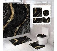 beifivcl Set di 4 tende da doccia in marmo di lusso, set da bagno con tenda da doccia, tappetino per coperchio WC, tappetino sagomato e tappetino da bagno, tenda da doccia con 12 ganci per set da
