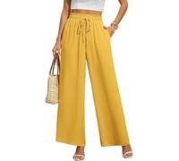 Beigai Pantaloni da donna elasticizzati a vita alta, a gamba larga, con tasche, eleganti, pantaloni a palazzo larghi, giallo chiaro, XL