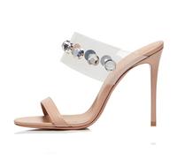 Beige,41 EU,Sandali con Tacco a Spillo da Donna, Punta Aperta, in PVC Trasparente con Strass, Tacco a Spillo Alto, Due Cinturini, Senza Schienale, Slip-on, Scarpe da Ballo, Festa e Abito.