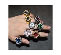 (Beige, pack-2) Four-Leaf Flower Zircon Ring for Women Men Gold Silver Stainless Steel Punk Adjustable