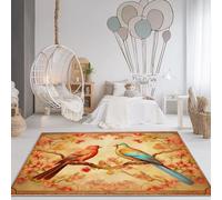 Beige Tappeto Stampato Lavabile Antiscivolo - Pelo Corto Morbido con Oiseaux Et Fleurs Traditionnels Orientaux Stampato Tappeto per Soggiorno Camera da Letto e Cameretta Bambini, 80 x 150cm