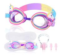 BEIIEB 1 paio di occhialini da nuoto in scatola con 1 set di clip per naso per tappi per le orecchie, occhialini da nuoto per cartoni animati, antiappannamento, anti-UV, adatti a bambini, adolescenti