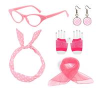 BEIIEB Accessori per costumi anni '50, occhiali Fascia rosa Sciarpa di seta a pois Orecchini vintage Guanti a rete, Accessori vintage a pois anni '50 per feste a tema, Palle da discoteca.