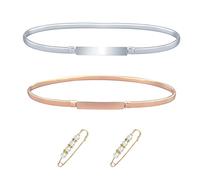 BEIIEB Cinture in metallo 2 pezzi, oro e argento, cintura a catena per abiti e pantaloni, catena con elastico, cintura sottile decorativa semplice e attillata e versatile, con spille 2 pezzi.