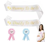 BEIIEB Set di 4 decorazioni per baby shower, accessori per feste per bambini, con scritta in lingua inglese "Mummy To Be And Daddy To Be Satin Sash Badge