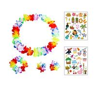 BEIIEB Set di ghirlande hawaiane con 8 pezzi, 2 adesivi per tatuaggi, ghirlanda elastica, fasce per capelli, bracciali, colorati, rotondi, adatti per feste