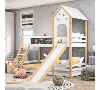 BEIJIALY Letto a castello con scala e scivolo, letto a soppalco 90 x 200 cm, per 2 bambini, culla con protezione anti-caduta e 2 reti a doghe e lavagna, letto a castello, parco giochi, telaio in legno