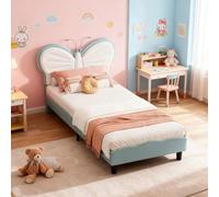 BEIJIALY Letto imbottito per bambini, 90 x 200 cm, letto singolo con rete a doghe e lampada da lettura, letto per bambini, 90 x 200 cm, con testiera imbottita regolabile, a forma di farfalla, letto