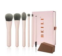 BEILI 6 mini pennelli da trucco da viaggio, kit di pennelli da trucco portatili per cipria, illuminante, ombretto, contorno, sopracciglia, ciglia, setole sintetiche (rosa)