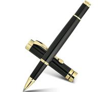 BEILUNER Penna a Sfera, Stupefacente Metallo Nero Cromato con Finiture Dorate, Set Regalo per Uomo e Donna, Professionale, Ufficio, con Ricambio Extra Nero 0.5mm