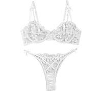 BEINF Completo Intimo Donna Set di Lingerie Sexy Floreale Ricamata in Pizzo Velato Ferretto Bra e Panty Set Push Up Lingerie Spalline 2 Pezzi Bianco XL