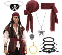 Beipegin 10 Pezzi Costume Pirata Uomo Donna,Bandana Pirata Cintura Pirata Benda Pirata Capitano Anello Collana Accessori Pirata Adulti per Halloween Carnevale Feste Pirata Cosplay
