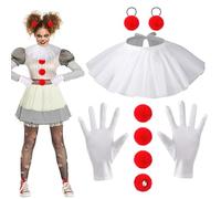 Beipegin 4PCS Accessori Costume Clown Donna Uomo, Colletto Clown Guanti Elastici Capelli Pom Pom Rosso, Costume Pagliaccio Halloween Accessori Costume Clown Horror per Feste di Halloween Carnevale