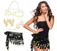 Beipegin 6 pezzi costume da danza del ventre da donna sciarpa per danza del ventre gonna nera paillettes zingara copricapo orecchini monete dorate braccialetto gonna da ballo per spettacoli costume
