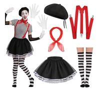 Beipegin 6 Pezzi Costume Mimo Donna, Costume Circo Donna, Tutu e Cappello Sciarpa Guanti Bianchi Calze al Ginocchio Bretelle per Carnevale Halloween