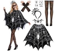Beipegin Halloween Costume Ragno Donna, Halloween Costume Donna Spider | 6PCS Poncho Ragnatela Cerchietto Ragno Tatuaggi Temporanei Maschera Guanti Calze Ragnatela, Spider Woman Costumi Strega Donne