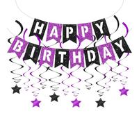 BEISHIDA Striscione di buon compleanno nero viola con stelle per bambini donne uomini decorazione di compleanno