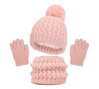 Bekecidi Set Guanti Sciarpa Cappello Invernale per Bambini, Set Guanti Sciarpa Cappello Berretto Lavorato a Maglia, Scaldacollo con Bobble Hat Guanti Touch Screen per Ragazze e Ragazzi 2-8 Anni (Rosa)