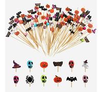 Bekeify 200 PCS Bastoncini da Cocktail di Halloween 12 cm Bastoncini per Cocktail in Legno Frutta Stuzzicadenti di Halloween Cocktail Sticks di Zucca Pipistrello Ragno Cupcake Decorazioni Spiedini