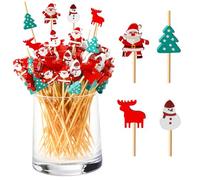 Bekeify 200 Pezzi Bastoncini da Cocktail 12cm Stuzzicadenti Lunghi per Frutta con Quattro Modelli Natalizi Spiedini in Legno di bambù per Cocktail Aperitivo Antipasti Dessert Forniture Natale Feste