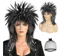 BEKIDER + 1 berretto per capelli 80 rocking diva parrucca nera e argento punk rock funny per donne Halloween Natale evento costume festa