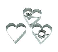 BekkiB 7791 - Set di 3 stampi per biscotti a forma di cuore e 2 tagliapasta con fiore e piccolo cuore interno, biscotti per matrimoni e molto altro ancora.