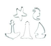 BekkiB 880204 - Set di 5 stampini "Maritim", per biscotti a vela, faro, ancora, stella marina, cavalluccio marino, in acciaio inox, per biscotti e biscotti