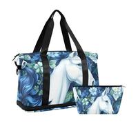 Bel cavallo bianco con fiori verdi, borsa da viaggio per palestra, sport, con tracolla regolabile per escursionismo, set da 2 pezzi, Bel cavallo bianco con fiori verdi, 1 size