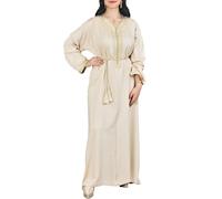 BELDI HERITAGE Caftano marocchino da donna in tessuto di lino di alta qualità, con ricamo tradizionale e autentico, Beige mandorla, taglia unica