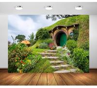 BELECO 1.5x1.2m Tessuto Hobbiton Caverna Fantasy Sfondo | Grotta Hobbit casa rurale giardino verde, decorazione festa Hobbit, accessori shooting compleanno.