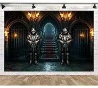 BELECO 1.5x1m Sfondo in tessuto Castello Gotico Medievale Scuro | Prigione Dungeon Antica Statue Cavalieri Arco In Pietra Porta In Ferro Torce Sfondo Orrore Halloween Telo Di Sfondo