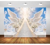 BELECO 1.5x1m Sfondo in tessuto Scale Verso Il Cielo Ali D Angelo | Luce Sacra Croce Scala verso Il Cielo Sfondo Celebrazione della Vita Striscia Accessori Fotografia Funebre Commemorativa