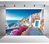 BELECO 1.5x1m Tessuto Grecia Isola di Santorini Sfondo Case bianche Architettura Romantico Mar Egeo Fiori che sbocciano Sfondo per Compleanno Matrimonio Fotografia Puntelli fotografici
