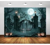 BELECO 1.5x1m Tessuto Sfondo Halloween Villa Gotica Infestata | Casa Abbandonata Spaventosa Zucca Lapide Fulmine Luna Piena Sfondo Festa Orrore Telo Di Sfondo