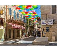 BELECO 1.8x1.2m Sfondo Fotografico Vicolo Stretto Gerusalemme Parasoli Multicolori Edifici Mattoni Antichi Panorama Città Israeliana Decorazione Festa Viaggio Religioso Cabina Foto Studio