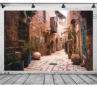 BELECO 2.1x1.12m Tessuto Gerusalemme Vecchia Città Strada Sfondo Retro Case in pietra Muro Vasi da fiori Israele Sfondo per decorazioni per feste Bambini Adulti Ritratto Servizio fotografico Studio