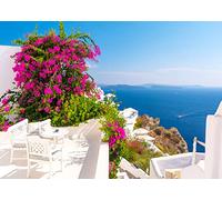 BELECO 2.1x1.5m Sfondo dell'isola di Santorini in Grecia per la fotografia Paesaggio del Mar Egeo blu Fiori in fiore Sfondo di Santorini Decorazioni per feste a tema Grecia