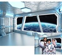 BELECO 2.1x1.5m Sfondo di astronave Interno di astronave con vista sullo spazio e sul pianeta Terra Sfondo fotografico per decorazioni per feste di compleanno Sfondo fotografico per bambini