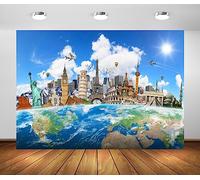 BELECO 2.1x1.5m Sfondo di viaggio in tutto il mondo Viaggio globale Mappa del mondo Terra Sfondo fotografico Punto di riferimento di fama mondiale Sfondo della Torre Eiffel di New York Parigi