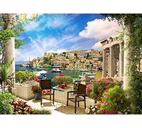 BELECO 2.1x1.5m Sfondo fotografico in tessuto Italia Toscana Giardino Terrazza Vista sulla baia mediterranea Scenario di città costiera Fiori primaverili Colonne romane Sfondo italiano