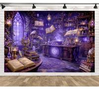 BELECO 2.1x1.5m Sfondo in Tessuto Biblioteca Magica Scienziato Pazzo | Biblioteca Alchimia Viola Libri Fluttuanti Pozioni Sfondo Halloween Party Decorazioni Photo Booth Props