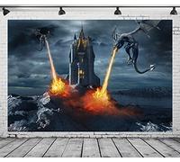 BELECO 2.1x1.5m Sfondo in tessuto con castello gotico e draghi per fotografia Fantasy Due draghi attaccano il castello Sputafuoco Sfondo di cielo notturno cupo per decorazioni per feste