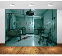 BELECO 2.1x1.5m Sfondo in Tessuto Ospedale Insanguinato Reparto Horror | Stanza Paziente Abbandonata Sedia a Rotelle Parete Sangue Sfondo Crime Halloween Decorazione Festa Banner Foto