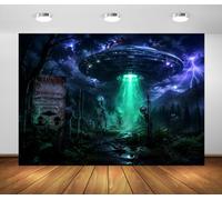BELECO 2.1x1.5m Sfondo in Tessuto UFO Zona Aliena Riservata | Disco Volante Raggio Alieno Zona Avvertimento Notte Tempestosa Sfondo Sci Fi Decorazione Festa Halloween Foto