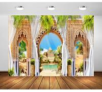 BELECO 2.1x1.5m Tessuto Bellissimo sfondo con affresco egiziano Piramide del deserto Sfinge Stile arabo Porta ad arco da giardino con tende Sfondo di foglie tropicali Decorazioni per feste egiziane