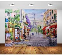 BELECO 2.1x1.5m Tessuto dipinto ad acquerello di Parigi,vista sulla città,sfondo della Torre Eiffel,Street Cafe, negozio,ristorante,passerelle lastricate,sfondo per decorazioni per feste a Parigi